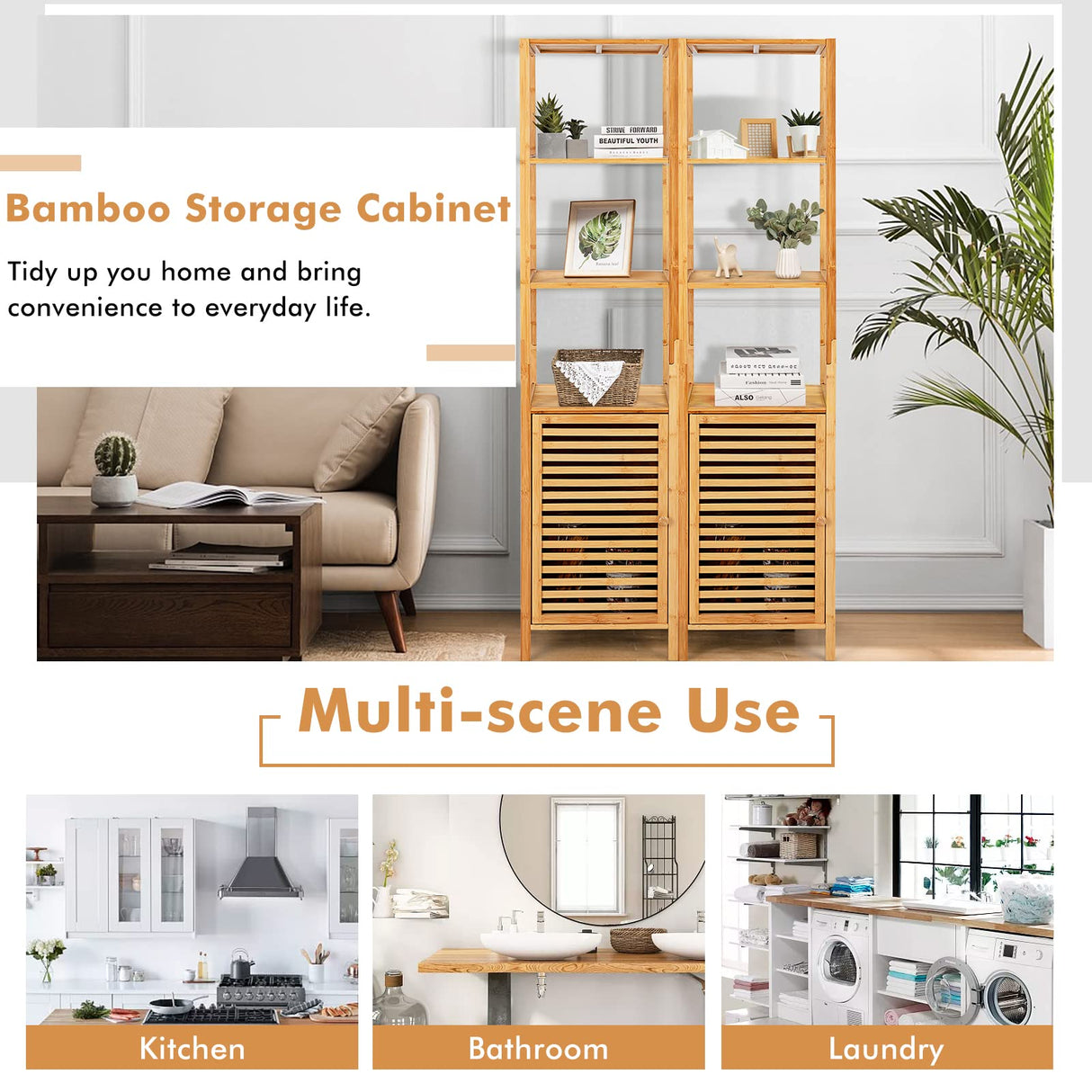 LOKO Tall Bamboo Cabinet, Slim Narrow Floor Storage Cabinet with 3 Tier Shelves & Shutter Door, Freestanding Linen Tower Cabinet for Bathroom, Living LOKO