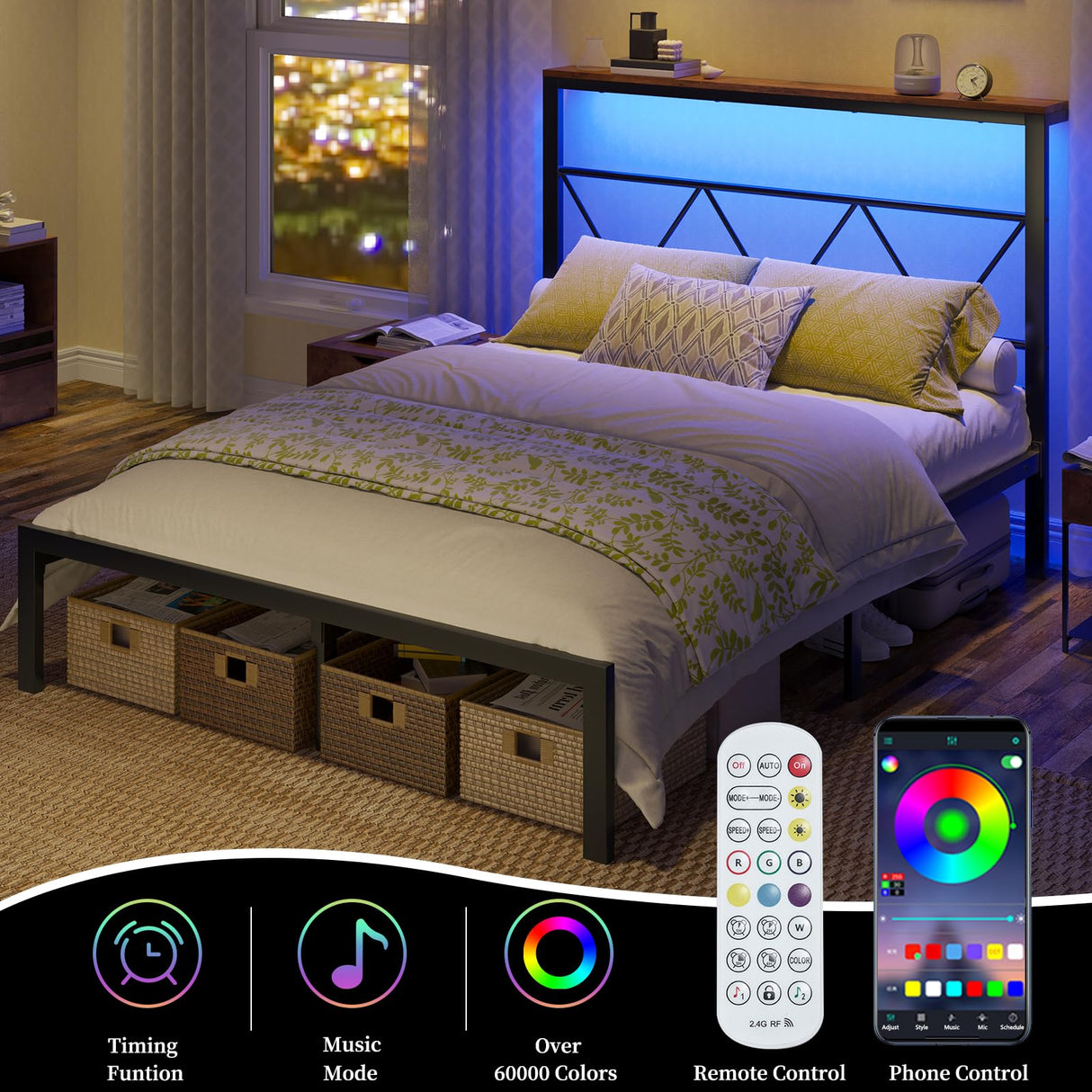 AMERLIFE Queen Size Metal Bed Frame with Headboard Shelf, Platform Bed Frame with LED Strip Light, 11" Underbed Height for Storage, Noise Free, No Box Spring Needed, Black AMERLIFE