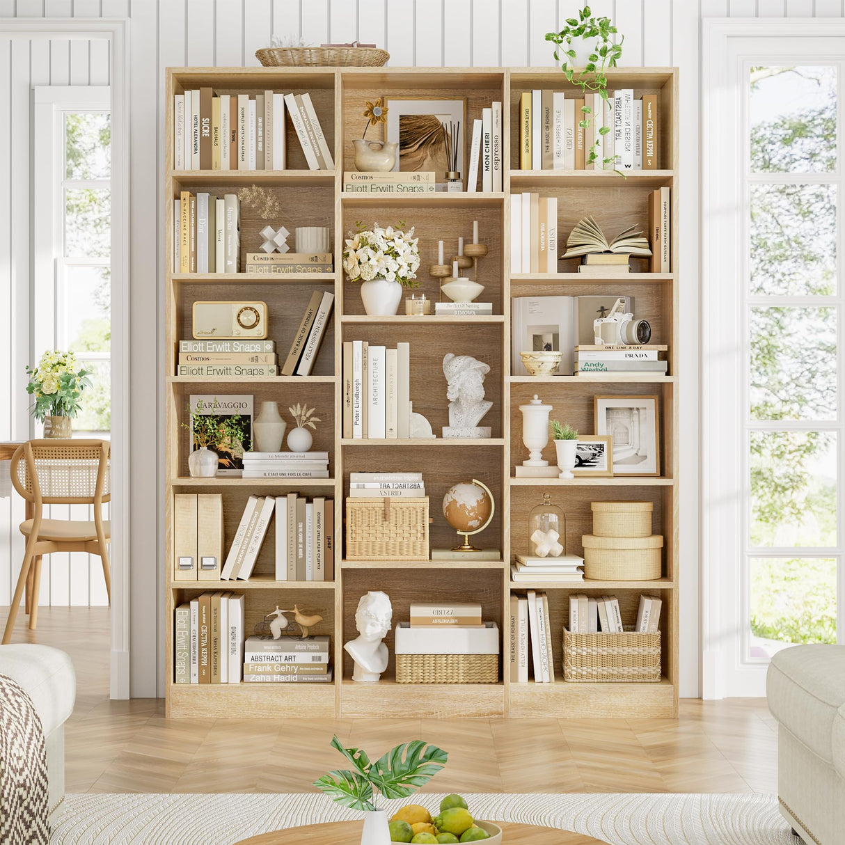 FACBOTALL Triple Wide Bookshelf, 6 Tier Large Bookshelf, Bookcase with 17 Open Display Shelves, 74'' Tall Bookcases and Bookshelves for Living Room, Home Office, Library, Light Oak FACBOTALL