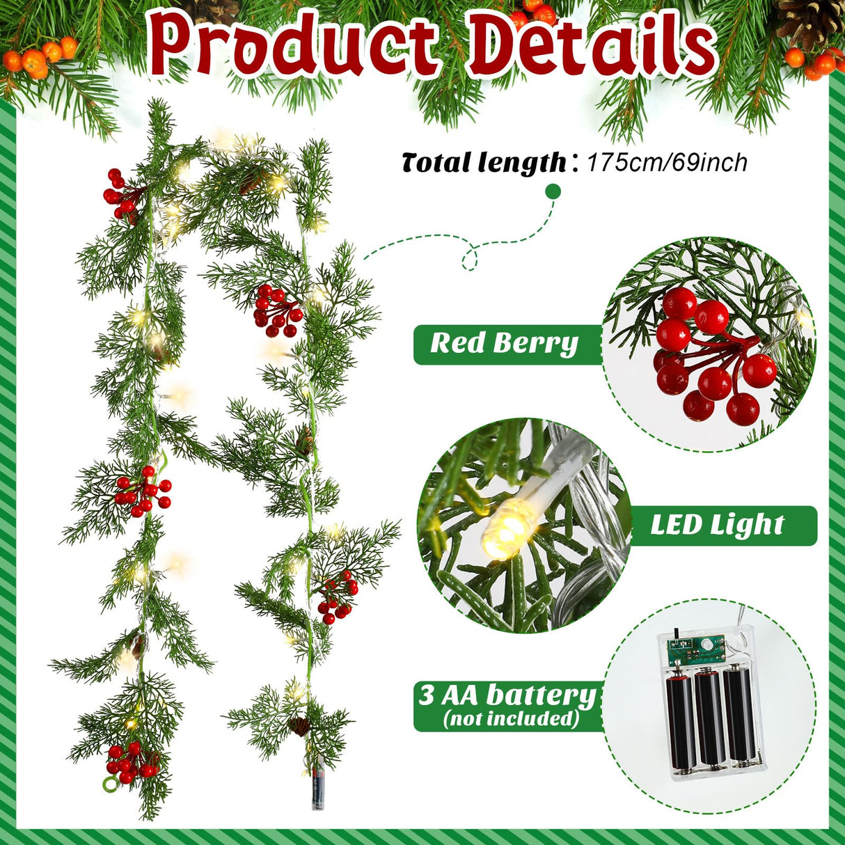 Spiareal 1 Pcs 5.74 ft Christmas Garland with Light Christmas Lighted Pine Garland Prelit Battery Operated Cedar Pine Cone Red Berry Greenery for Mantle Fireplace Decor Spiareal