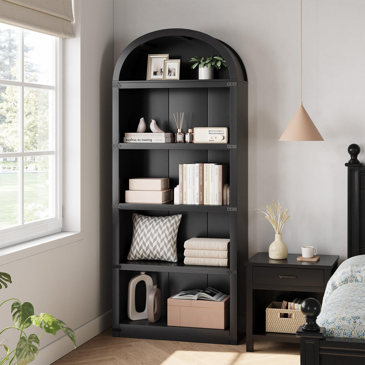 GarveeHome Bookcase 5 Shelf Arched Bookshelf 71.65in Tall Bookcase Farmhouse Display Storage Rack Wooden Bookshelves for Home Office, Living Room GarveeHome