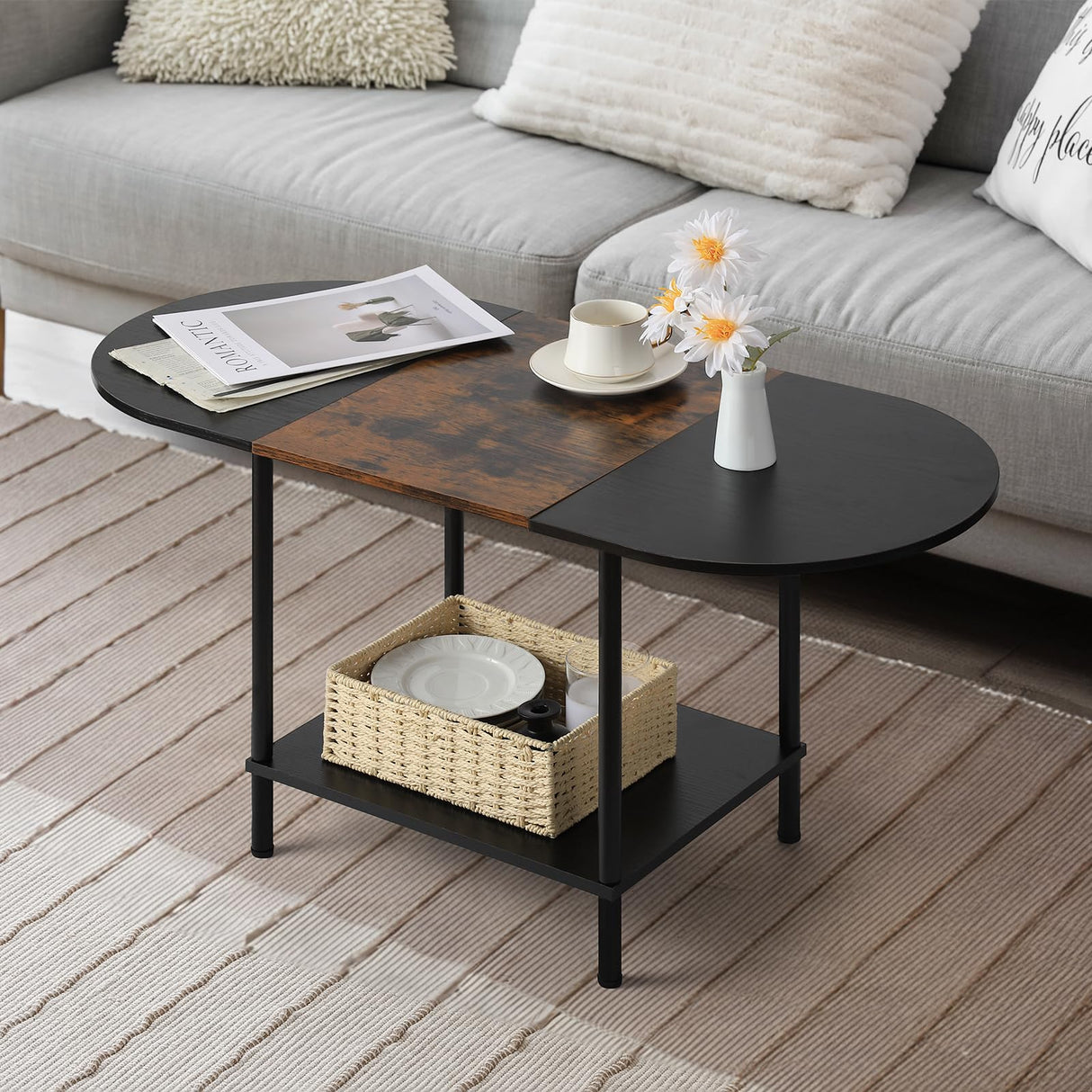 Coffee Tables for Living Room,2-Tier Small Oval Center Table Industrial Modern Style Coffee Tables with Storage Shelf and Wood Tabletop for Small Space,Home Office,Brown & Black Shinoske
