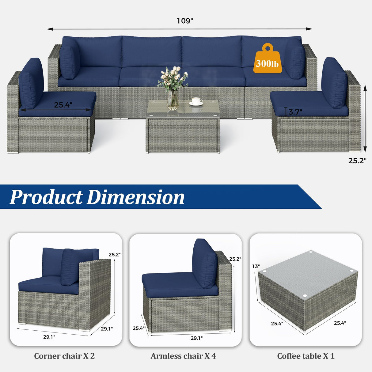 7-Piece Modular Patio Furniture Set, Wicker Outdoor Sectional Sofa with Cushions and Coffee Table, All Weather Patio Conversation Sets for Porch Balcony Backyard, Dark Blue Kiss the Water