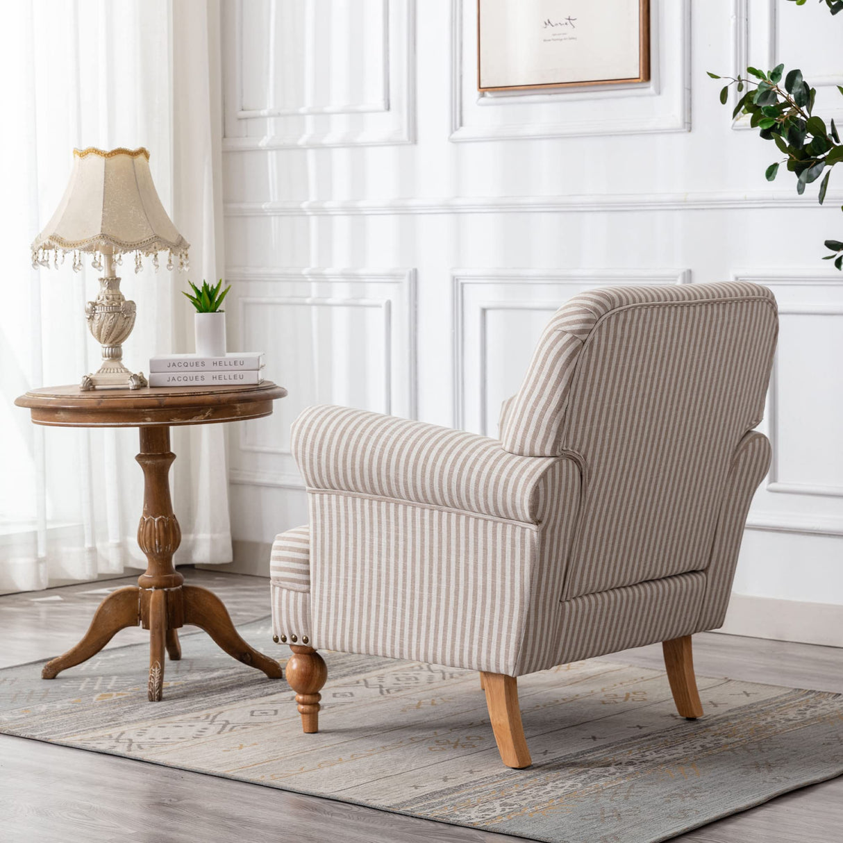 DM-Furnitue Wide Armchair Modern Linen Accent Chair Comfy Reading Chairs Upholstered Lounge Chair Single Sofa Couch for Bedroom/Living Room, Beige with Stripe DM Furniture