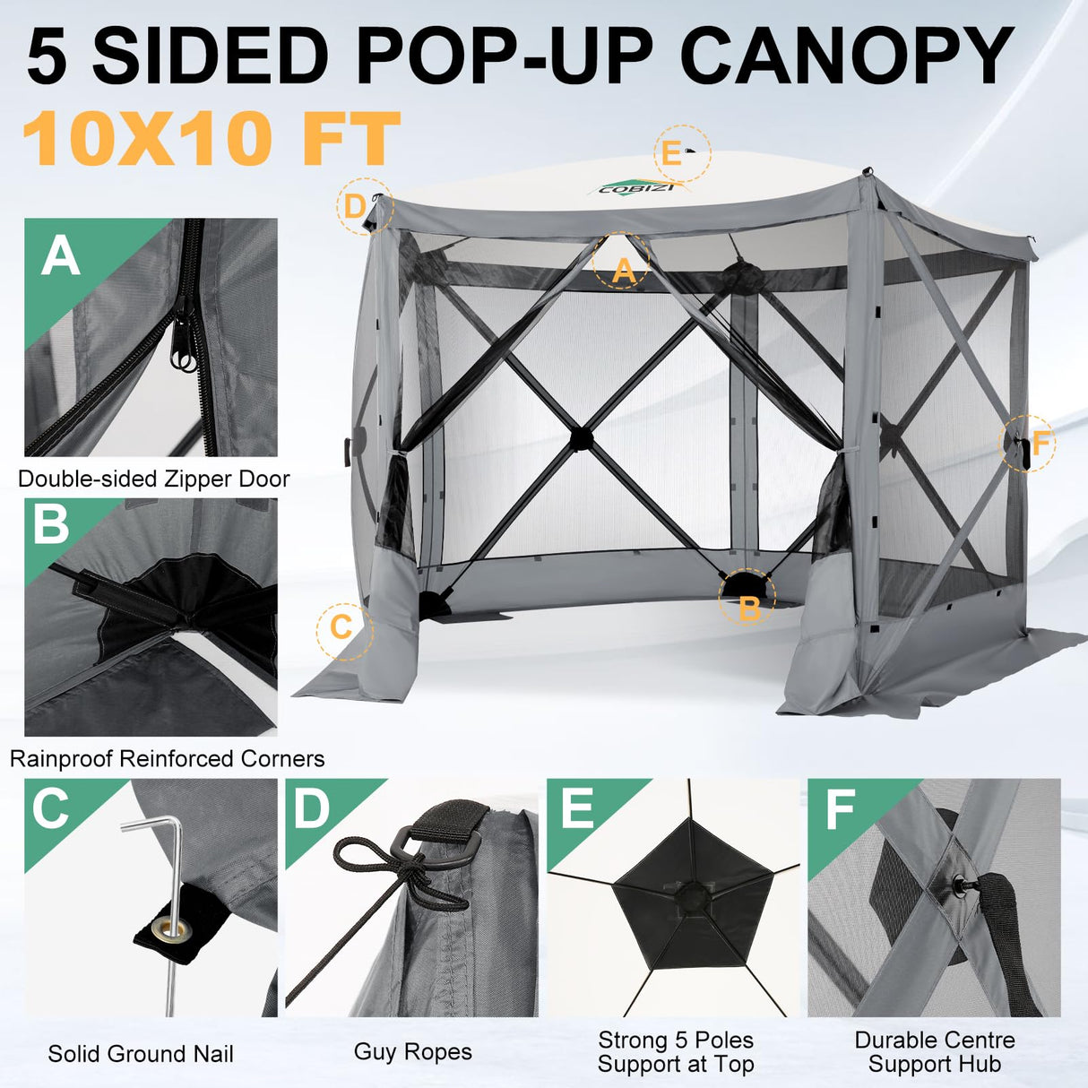 COBIZI 10x10ft Pop up Gazebo Screen House for Camping, Pop-up Camping Canopy Tent with Sidewalls,Portable Outdoor Quick-Set Hub Tent with Carrying Bag&Ground Stakes,Gray(Upgraded 2.0) COBIZI