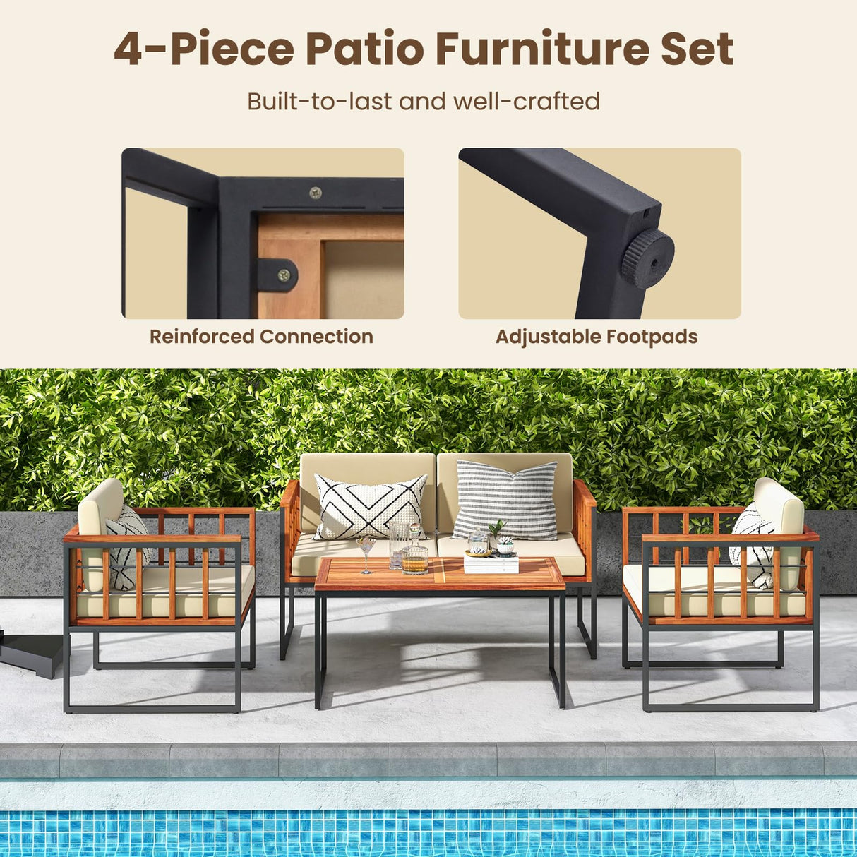 Tangkula Acacia Wood Outdoor Sofa Set, 4 Pieces Outdoor Furniture Set with Heavy Duty Metal Frame, Soft Seat & Back Cushions, for Balcony, Porch, Backyard or Poolside (1, Beige) Tangkula