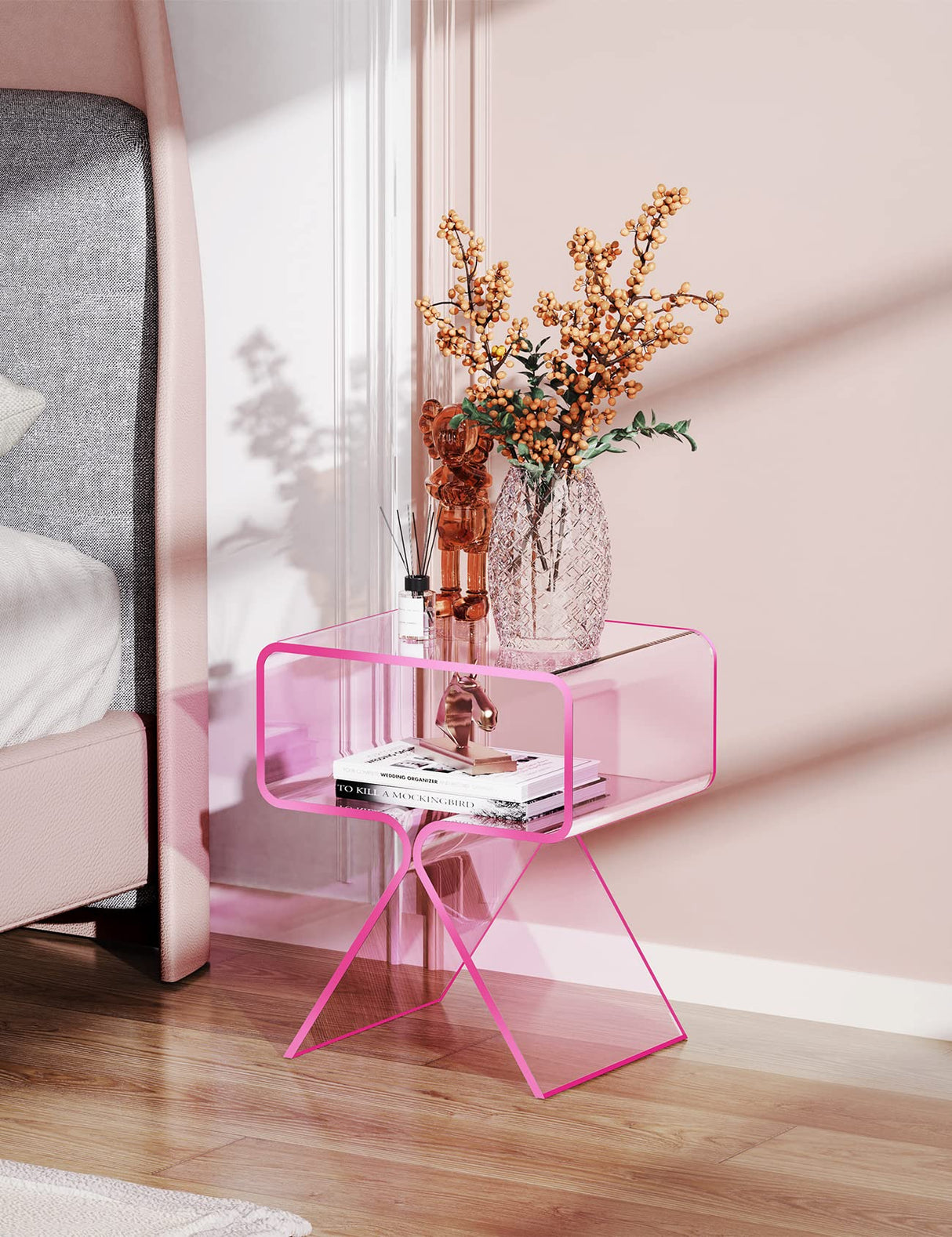 solaround Acrylic Nightstand Side Table Modern Design Clear Home Decor Display End Table for Living Room (Pink) solaround
