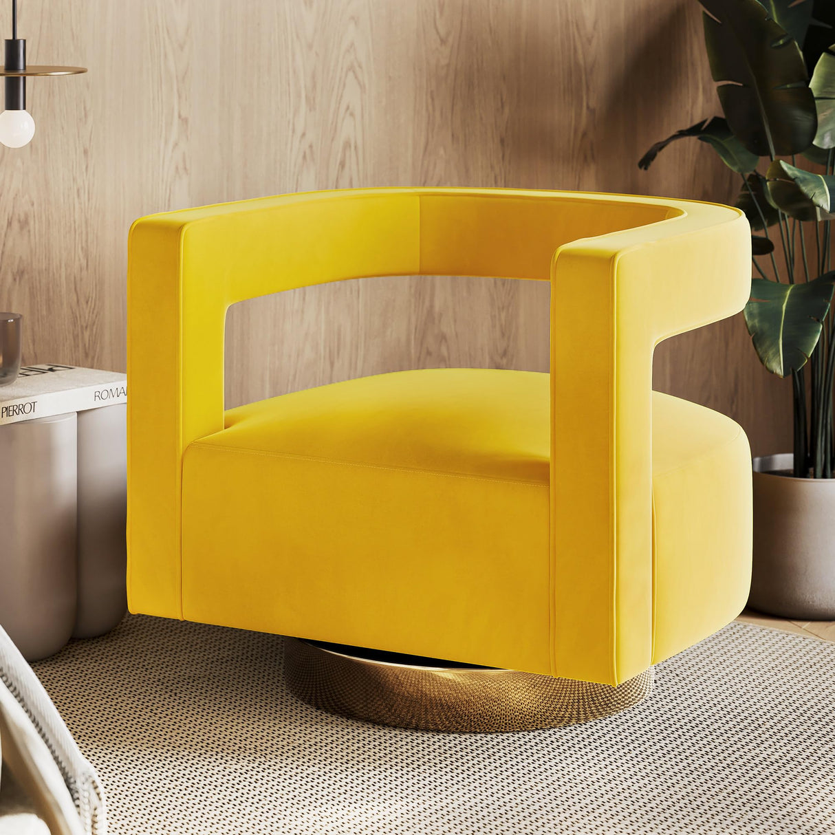 BELLEZE Swivel Barrel Accent Chair Set of 2, Modern Upholstered Arm Comfy Velvet Curved Back Round Chair with Gold Base Wood Frame, 360 Degree for Living Room Bedroom Office,Yellow BELLEZE