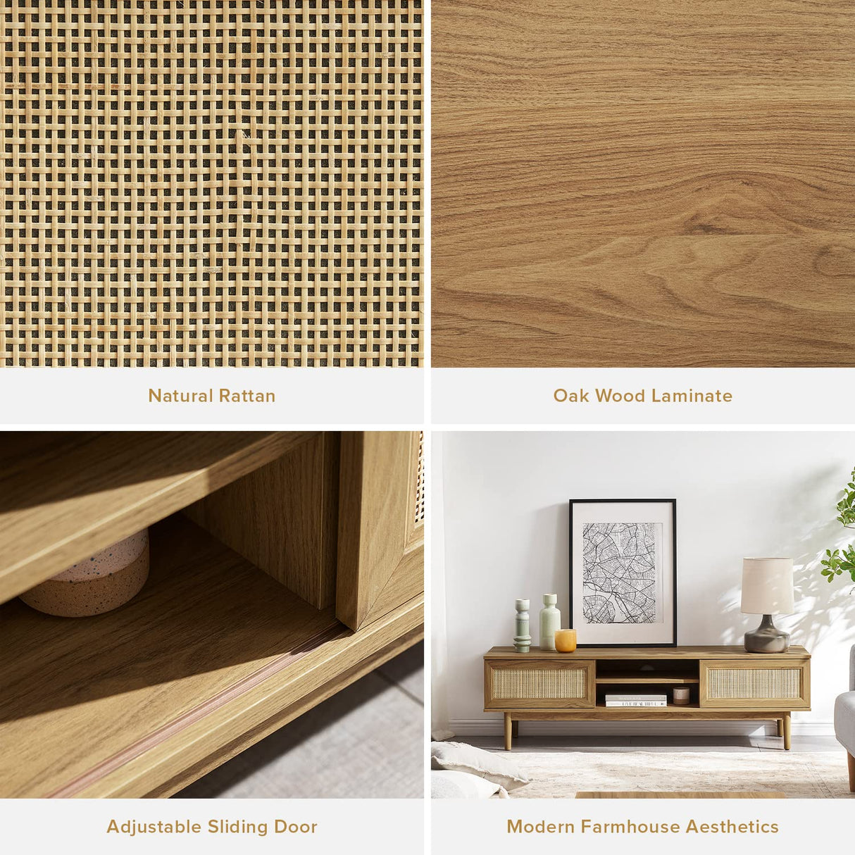 mopio Haylee 59" TV Stand, Modern Boho Farmhouse Entertainment Center, Natural Rattan TV Console, TV Stand with Storage, Media Console, for Living Room (Oak) mopio