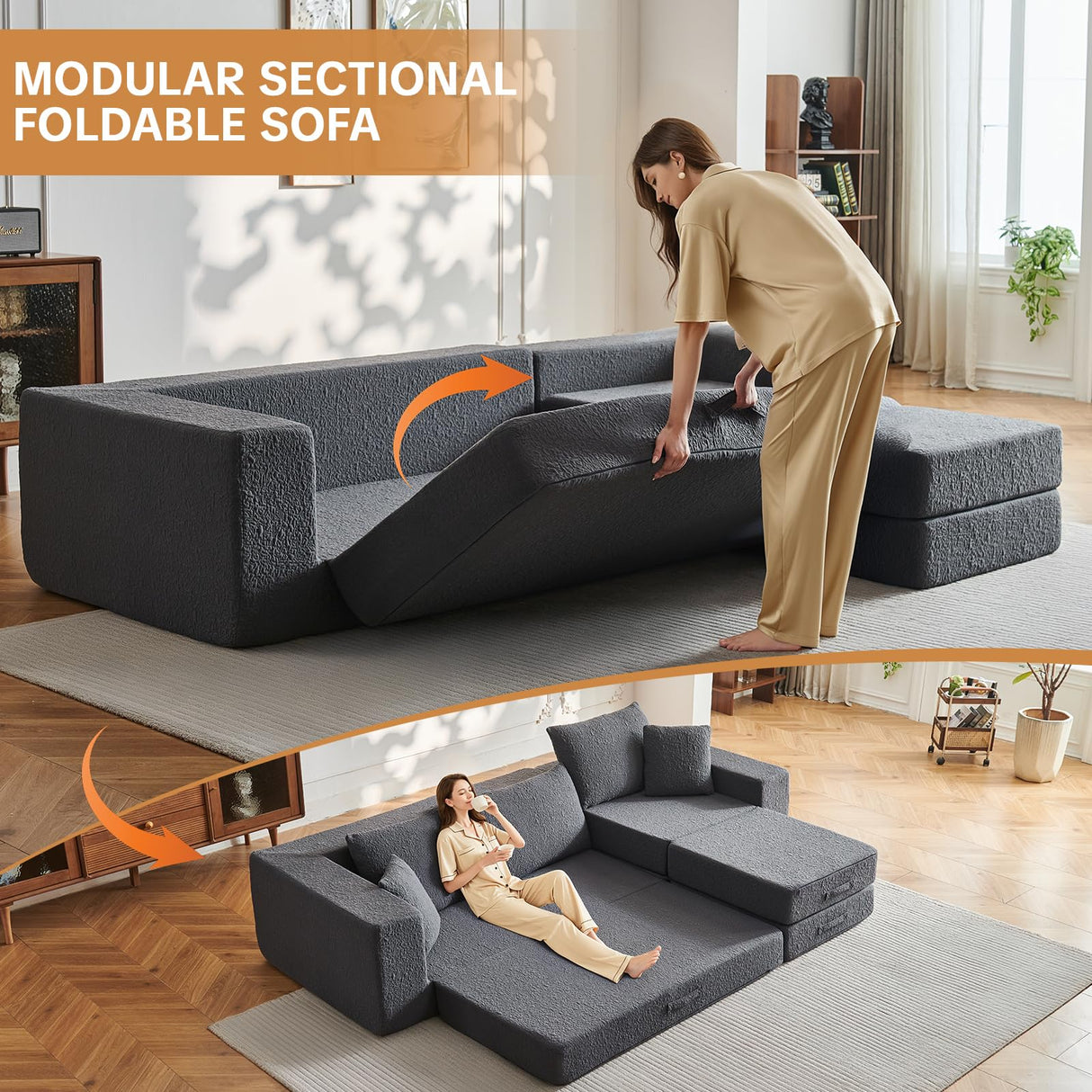 108" Modular Sectional Cloud Sofa - Boneless Couch with Deep Seat, Non Slip Base, Folding Sofa Sectional Couches for Living Room, Cozy Modular Couch with L-Shape Chaise, No Assembly Required, Grey CozyMine