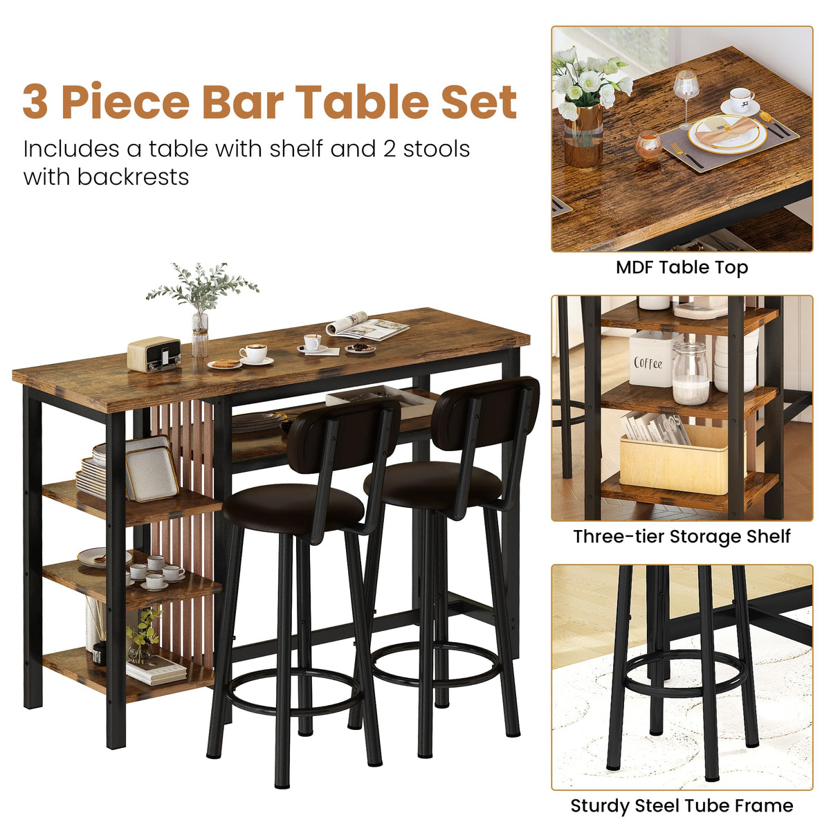Recaceik Rustic Brown Counter Height Dining Set with Bar Table and 2 Upholstered Stools and Storage Shelves Recaceik