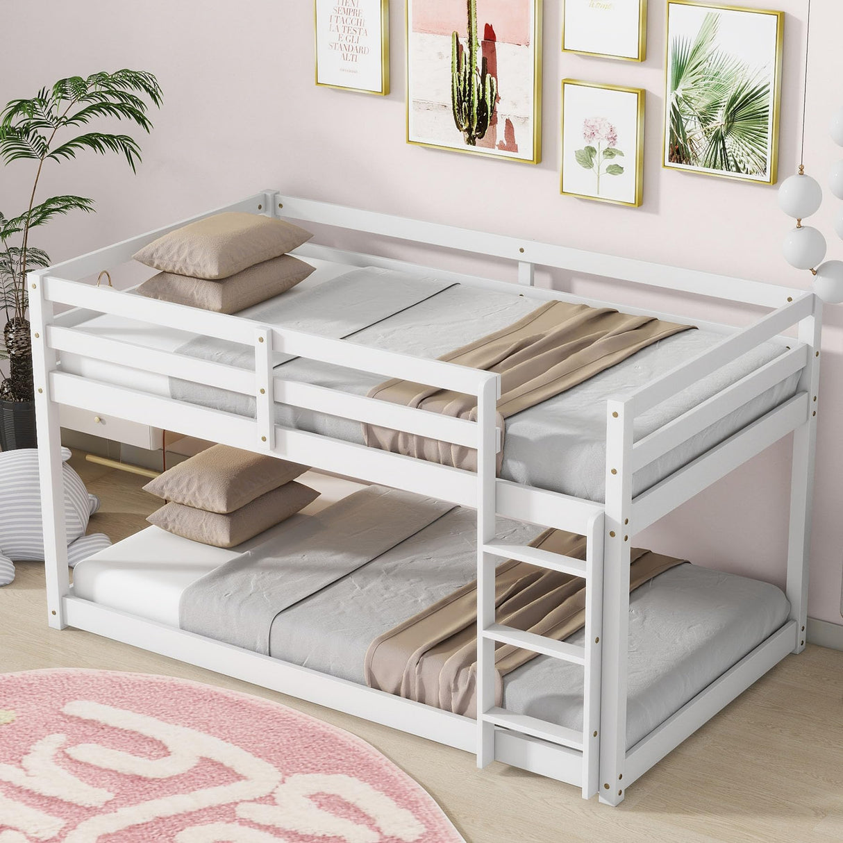 Anwick Low Bunk Bed Twin Over Twin, Floor Bunk Bed with Stairs, Twin Bunk Bed with High Rails Guardrail, Wooden Bunk Beds for Kids Girls Boys, No Box Spring Needed (White) Anwick