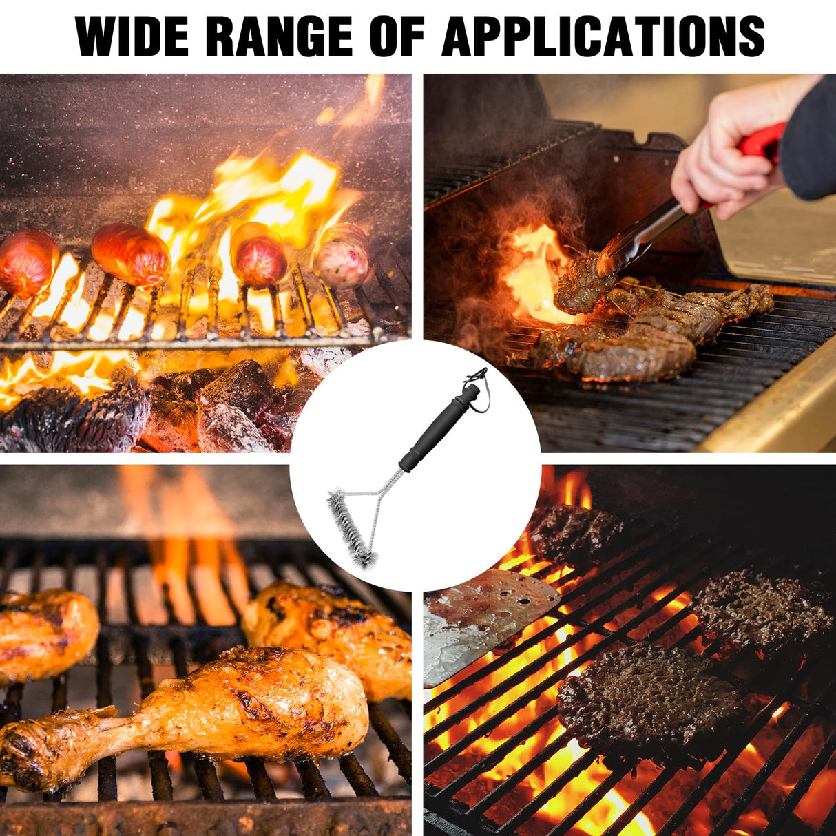 12 in Long Handle Barbecue Brush, BBQ Brush, Stainless Steel Brush Head, Barbecue Cleaning Brush with Lanyard, Suitable for All Kinds of Metal, Porcelain, Infrared Barbecue Grill WAKCHOU