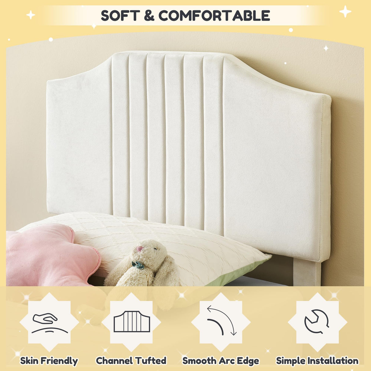 coucheta Twin Size Bed Frame with Velvet Upholstered, Metal Platform Bed Frame with Headboard for Girl Wooden Slats Support, No Box Spring Needed/Noise-Free/Easy Assembly, Beige coucheta