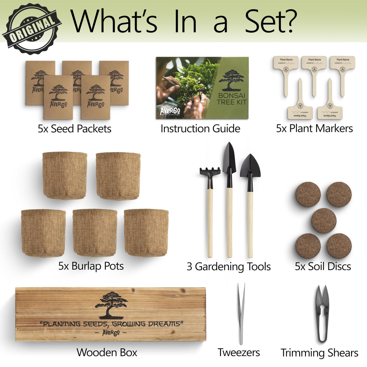 AVERGO Bonsai Tree Kit for Beginners – 5X Unique Japanese Bonzai Trees | Complete Indoor Starter Kit for Growing Bonsai Plants with Tools & Planters – Gardening Gifts for Women & Men AVERGO