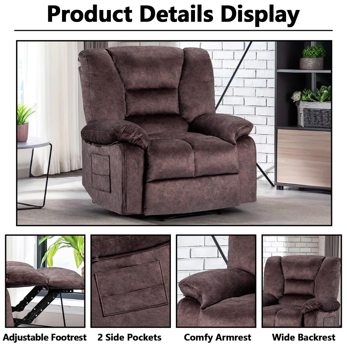 Fabric Lazy Boy Recliner Chair for Bedroom, Manual Reclining Chairs for Adults,Brown Recliner Chair with Adjustable Backrest & Foootrest/Overstuffed Cushion, Havy Duty (Brown) HRVEOCEI