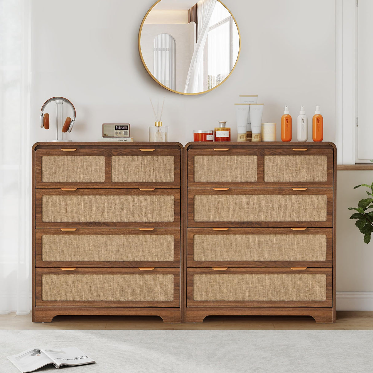 RUSTYER Mid Century Modern Dresser for Bedroom with 4 Drawers, 35" Tall Chest of Drawers with Natural Linen, Curved Wood Dresser Closet Clothes Storage Organizer for Living Room, Hallway((Walnut) RUSTYER