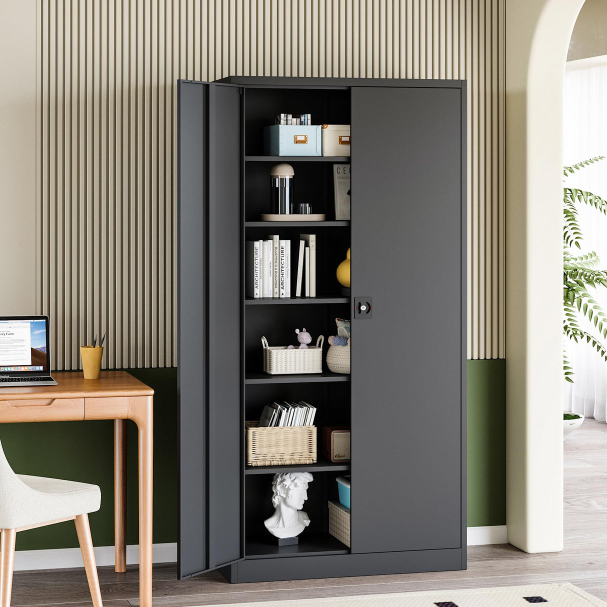 RAVIGIN Metal Garage Storage Cabinet with Lock, 71" Locking Tool Cabinet with 2 Doors and 5 Adjustable Shelves, Tall Steel Cabinet Garage for Home,Office,Warehouse,School (Black) RAVIGIN