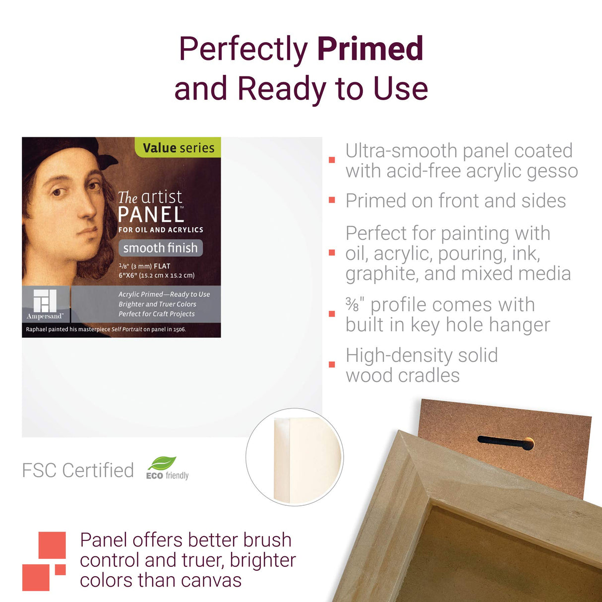 Ampersand Art Supply Wood Gesso Artist Painting Panel: Primed Smooth, 12" x 12", 1/8" Flat Profile Ampersand Art Supply