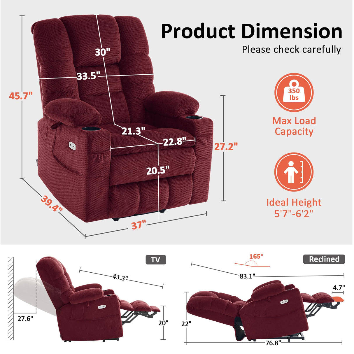 MCombo Large Triple Motor Power Lift Recliner Chair with Massage and Dual Heating, Adjustable Headrest for Tall Elderly People, Fabric 7634 (Burgundy, Large) MCombo