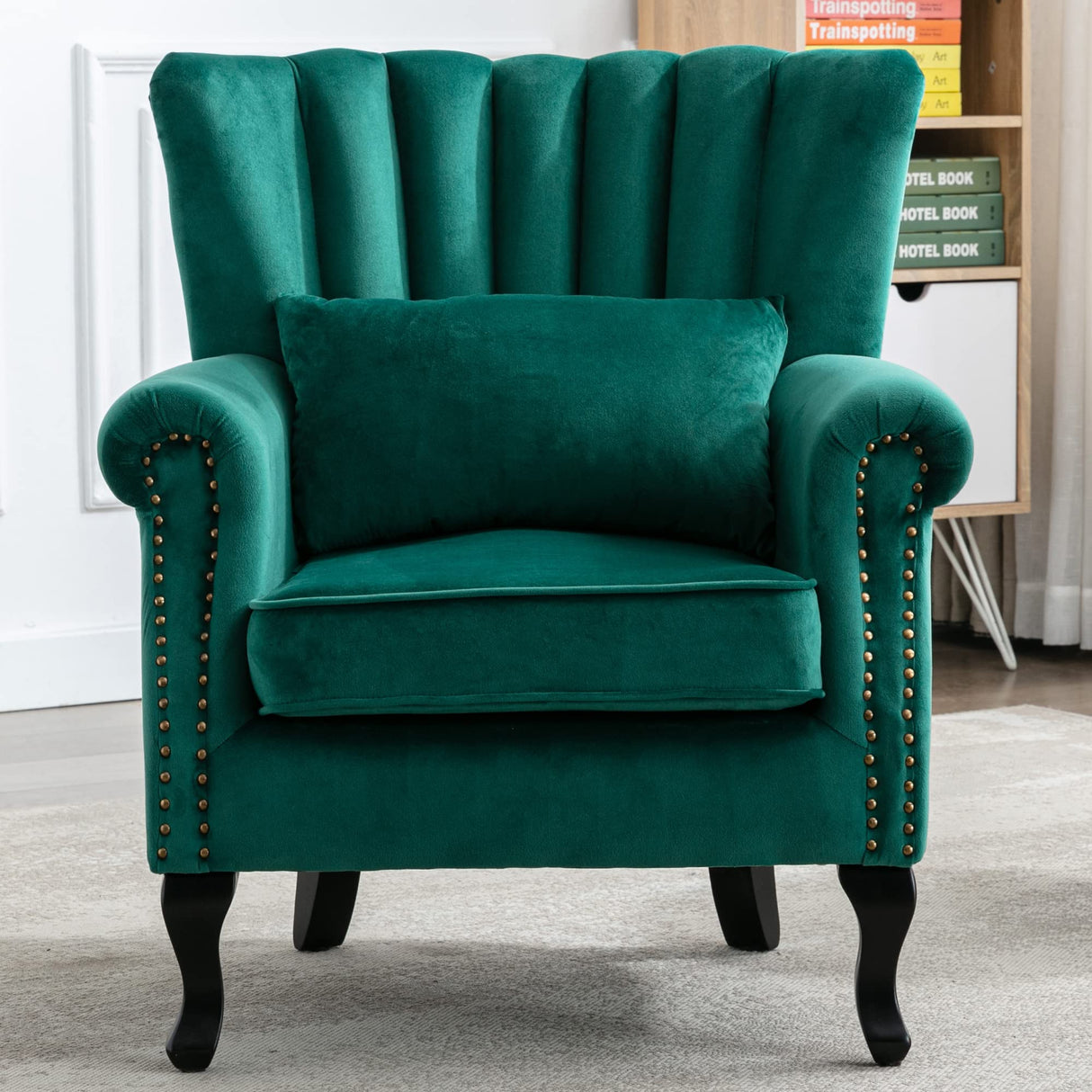 ZETZU Mid Century Modern Accent Chair Upholstered Armchair Comfy Velvet Fabric Single Sofa with Lined Wingback for Small Spaces Bedroom Living Room, Velvet Green, 30.1D x 30.5W x 35H in ZETZU