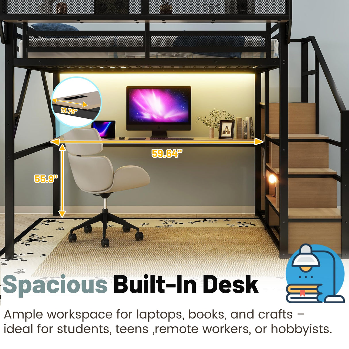 MoproBeti Queen Size Loft Bed with Stairs and Desk, Metal Lofts Bed Queen with Upper Storage Shelf, Gaming LoftBed with LED, Charging Station and Wardrobe for Teens, Adults,Black MoproBeti