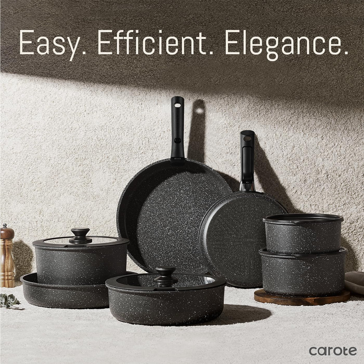 CAROTE 21pcs Pots and Pan Set Non Stick, Nonstick Induction Cookware, Detachable Handle Cookware Set, Dishwasher Safe, Removable Handle, RV Oven Safe Cookware, Midnight Black CAROTE