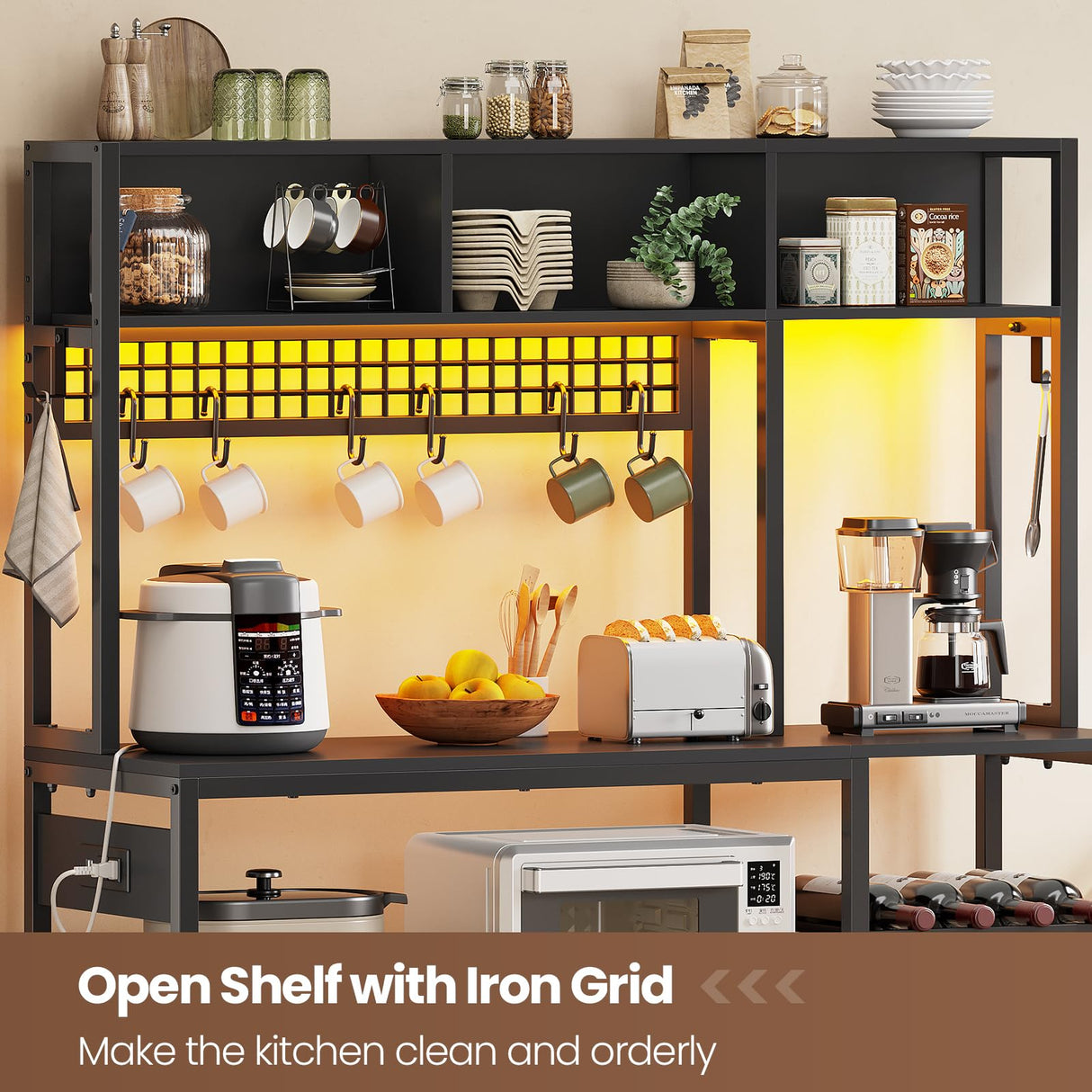 Itaar 47.2 Inch Bakers Rack with Power Outlet, Microwave Stand with Storage, Farmhouse Coffee Bar Cabinet Station with Wine Rack, Iron Grid and 8-S Hooks (Black) Itaar