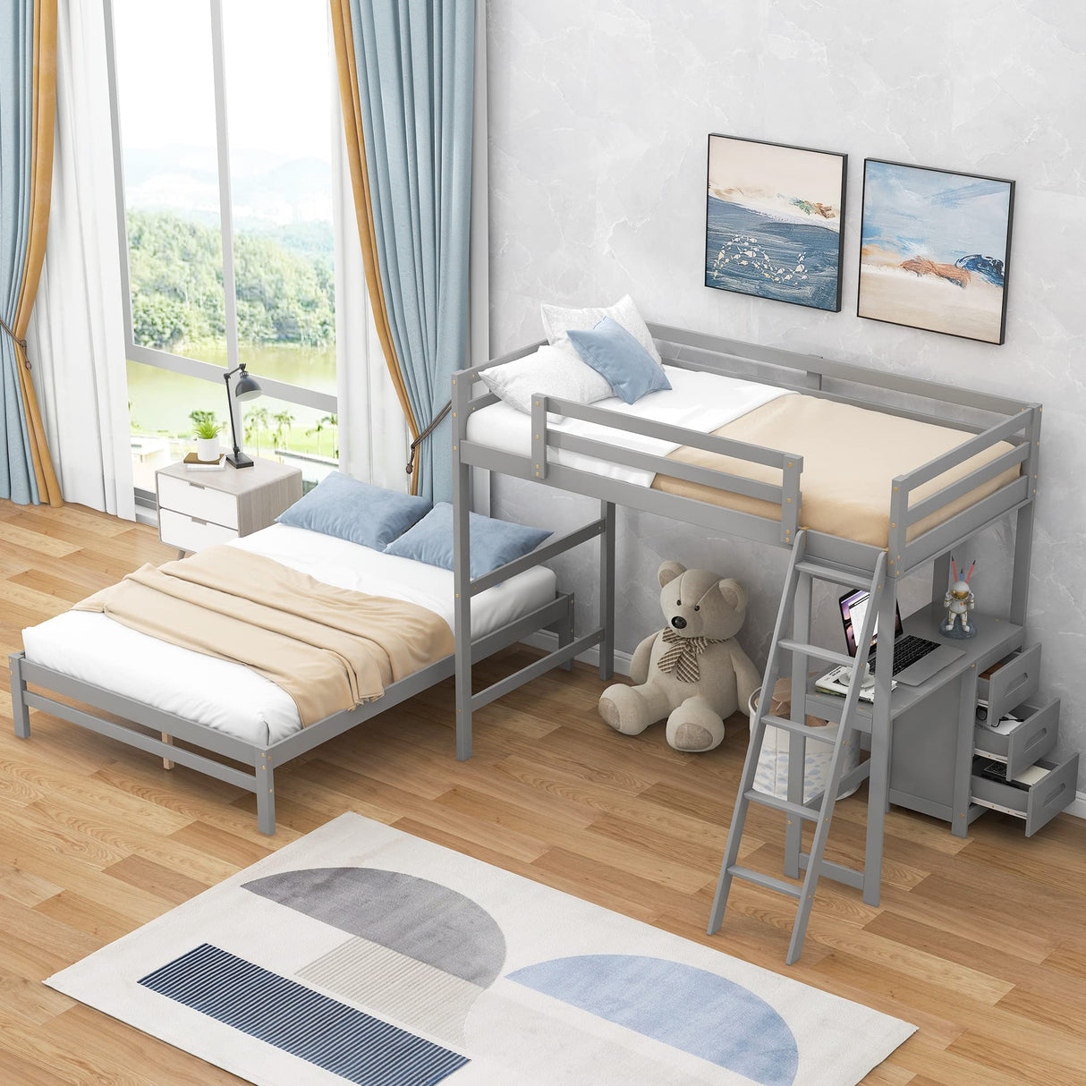Merax Twin Over Full Bunk Bed with Ladder & Guardrails, Solid Wood Bunk Beds Frame with Built-in Desk and 3 Drawers, Split into Twin Size Loft Bed & Full Size Platform Bed, No Box Spring Needed, Gray Merax