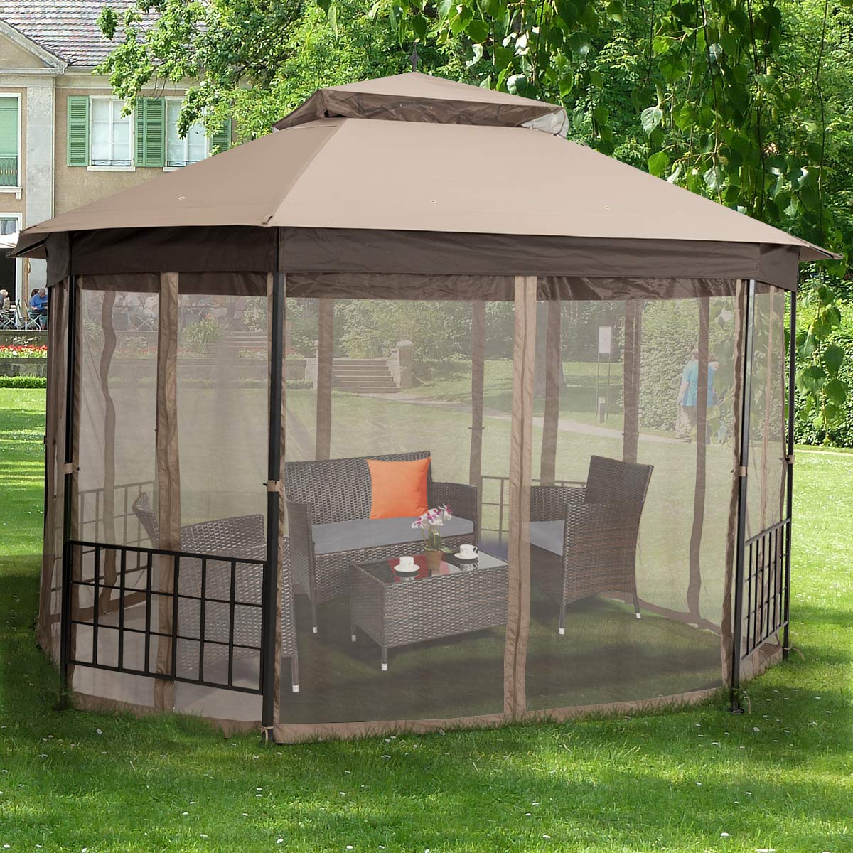 Tangkula 10 x 12 Ft Patio Gazebo, Heavy Duty Octagonal Gazebo Canopy w/Netting Sidewalls & Sturdy Steel Frame, Double Roof Vented Gazebo Canopy Tangkula
