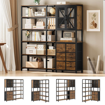 BTHFST Corner Bookshelf 6 Tier, 70.9" Convertible Tall Bookshelf with 6 Fabric Drawers, Corner Bookcase with Metal Doors, Large Display Shelf Book Shelf for Living Room,Home Office, Rustic Brown