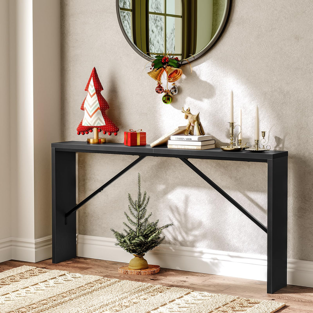 MAHANCRIS Console Table, 62.2" Long Sofa Table Behind Couch, Narrow Entryway Table, Farmhouse Dining Table with Angled Metal Frame, Industrial Console Table for Entryway, Black CTHB15801 MAHANCRIS