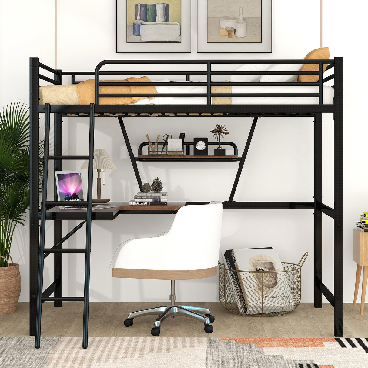 Twin Size Loft Bed with Desk and Storage Shelf, Heavy Duty Loft Bed Twin Size, Twin Loft Bed with Guardrail, Twin Loft Bed for Kids, Teens, Twin Size Loft Bed Black Bellemave