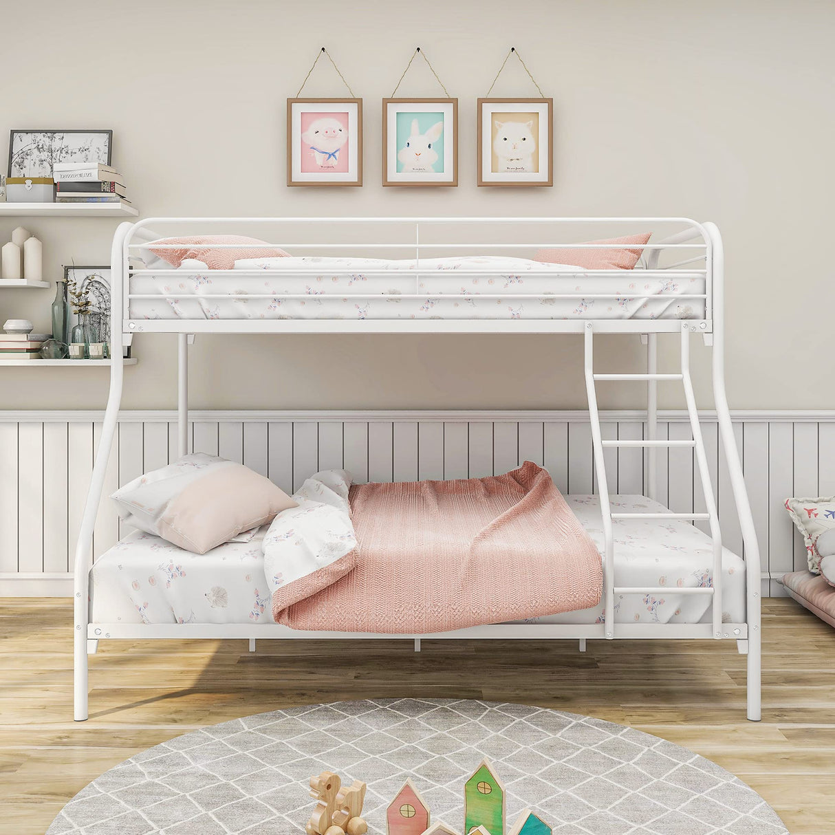 Maliacife Metal Bunk Bed with Ladder and High Guardrail,Twin Over Full Size Bed Frame,Storage Space,Noise Free,No Box Spring Needed,White Maliacife