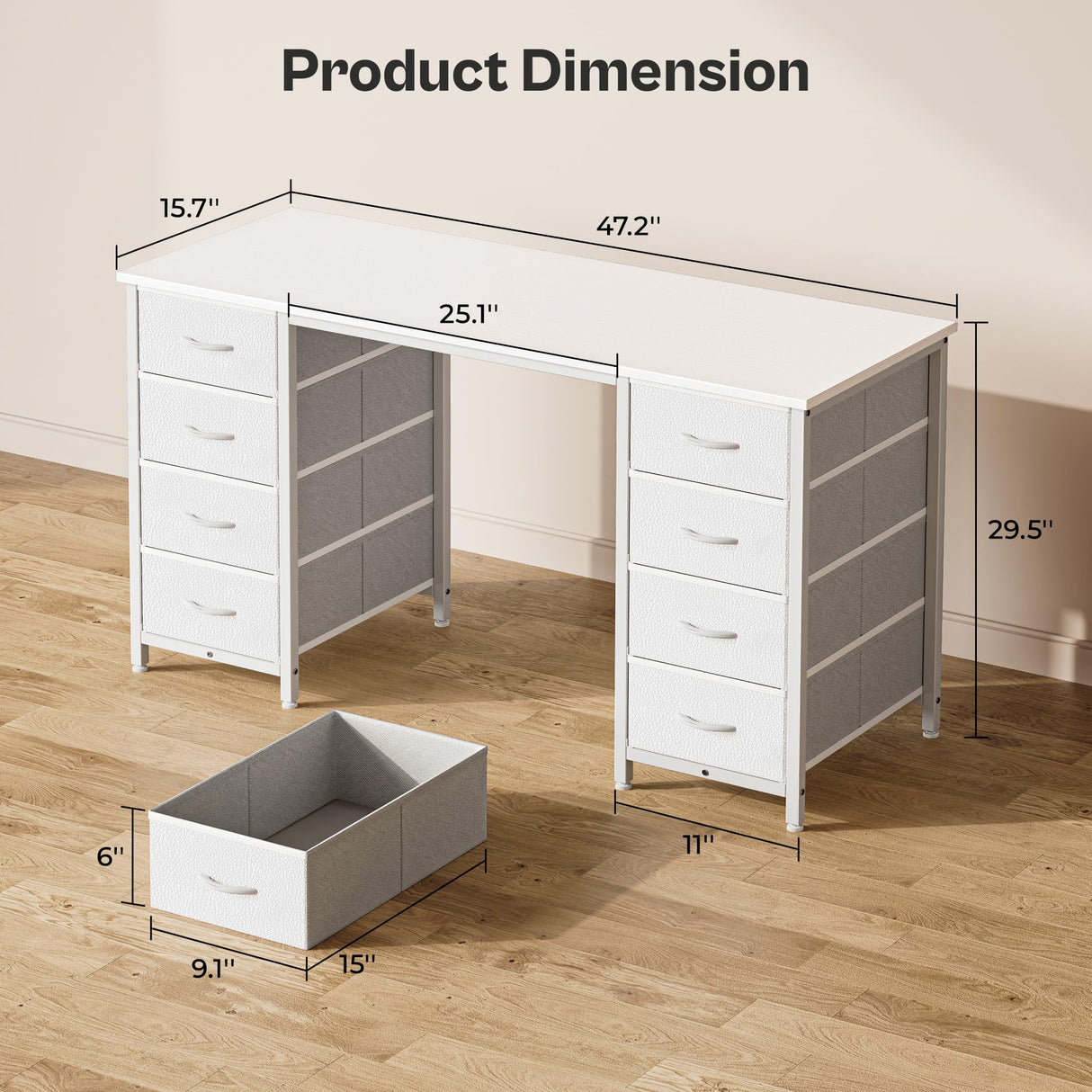 Huuger 47 Inch Vanity Desk with 8 Drawers, White Desk, Makeup Desk with Large Storage, Fabric Drawers, Wooden Desktop, Computer Desk Work Desk, for Home Office, Bedroom Huuger