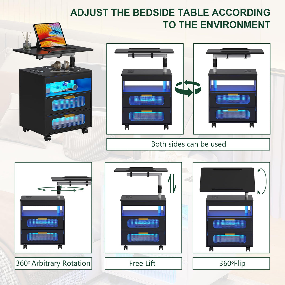 HNEBC Nightstand with Wireless Charging Station, LED Nightstand Has Adjustable Rotary Workstation,Smart Night Stand with 2 Drawers,Modern Bedside Table for Bedroom, Sensor Light/Wheel (Black) HNEBC