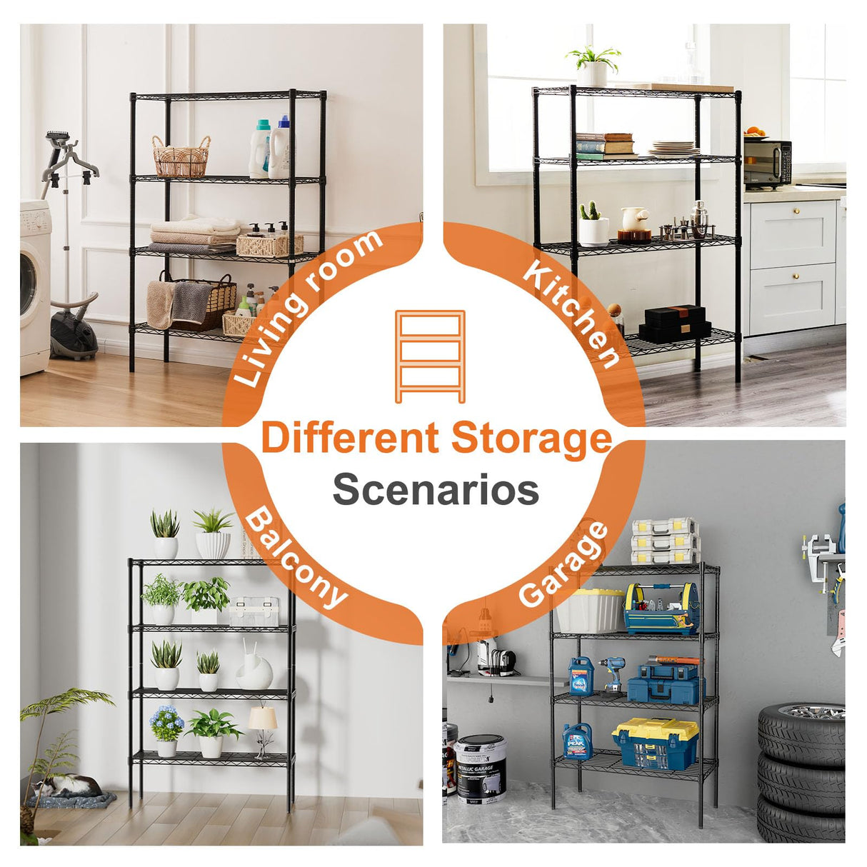 Sweetcrispy 4-Tier Storage Shelving Unit, Adjustable Metal Wire Racks Heavy Duty Standing Shelf Organizer for Kitchen, Closet, Pantry, Garage, Bathroom, Laundry (13.8" D x 35.4" W x 54" H) Sweetcrispy