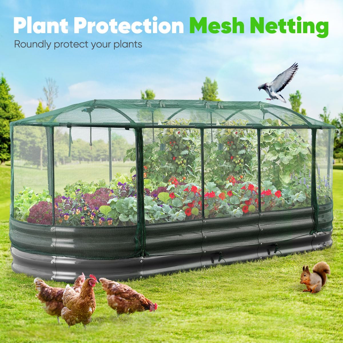 Quictent Galvanized Raised Garden Bed Kit with Self Watering System and Mesh Cover, Large Oval Metal Outdoor Planter Garden Boxes for Vegetables Herbs Flowers, 8x3x1Ft Quictent