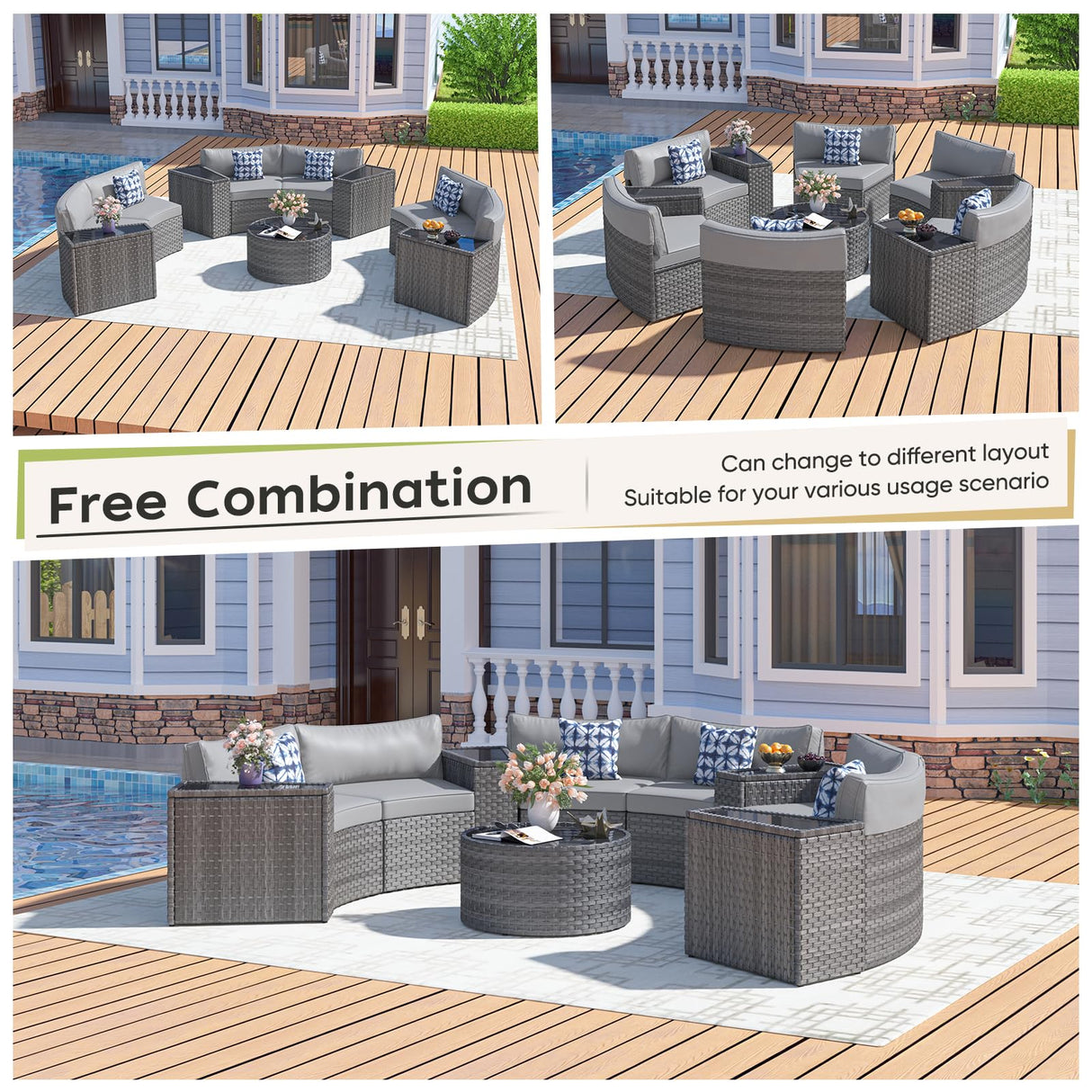 Patio Furniture Set,11 Pieces Half-Moon Curved Outdoor Patio Sectional Sofa with Coffee Table and Side Table Waterproof Cover, Wicker Rattan Patio Coversation Set for Porch,Deck,Backyard(Grey) K Knowbody