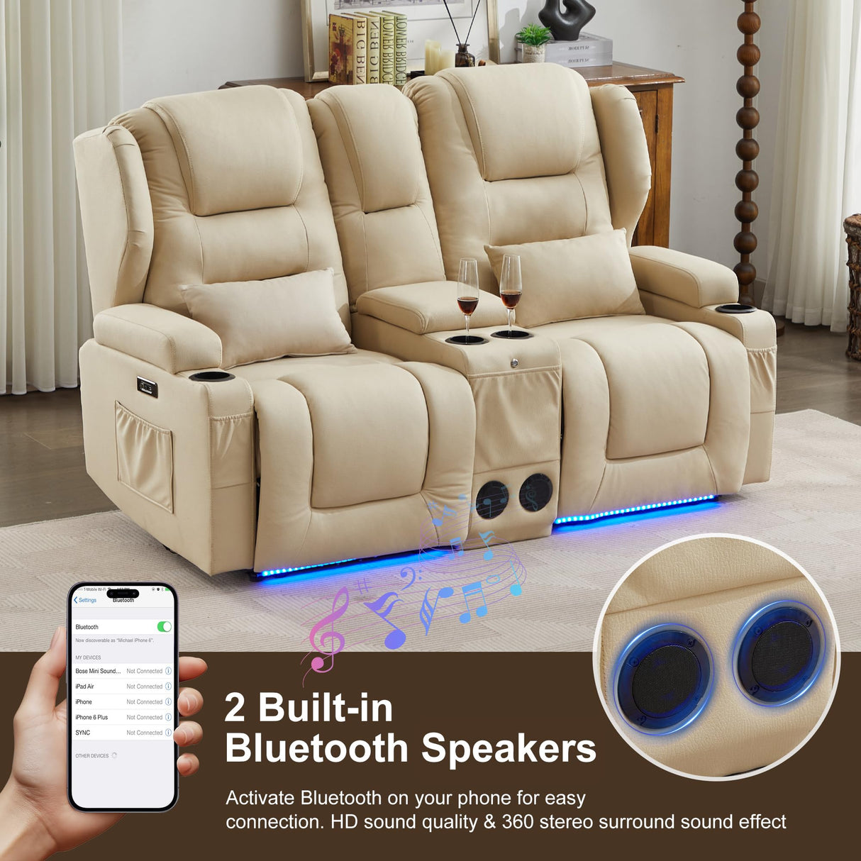 DRMBOOK RV Power Loveseat Recliner Sofa, Leathaire Fabric Wall Hugger Reclining Sofa with Console, Home Theater Seating Chair with Cup Holders, 2 Person Couch RV Furniture for Living Room, Beige DRMBOOK