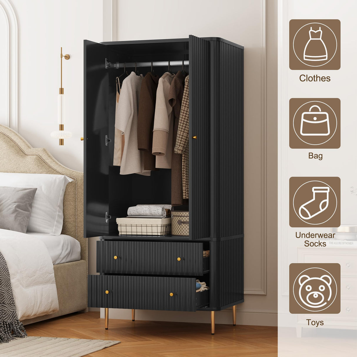 HLR Armoire Wardrobe Closet with Drawers, 72" Tall Modern Bedroom Armoire with Hanging Rod, Large freestanding Wooden Wardrobe Cabinet for Bedroom, Cloak Room (Black) HLR