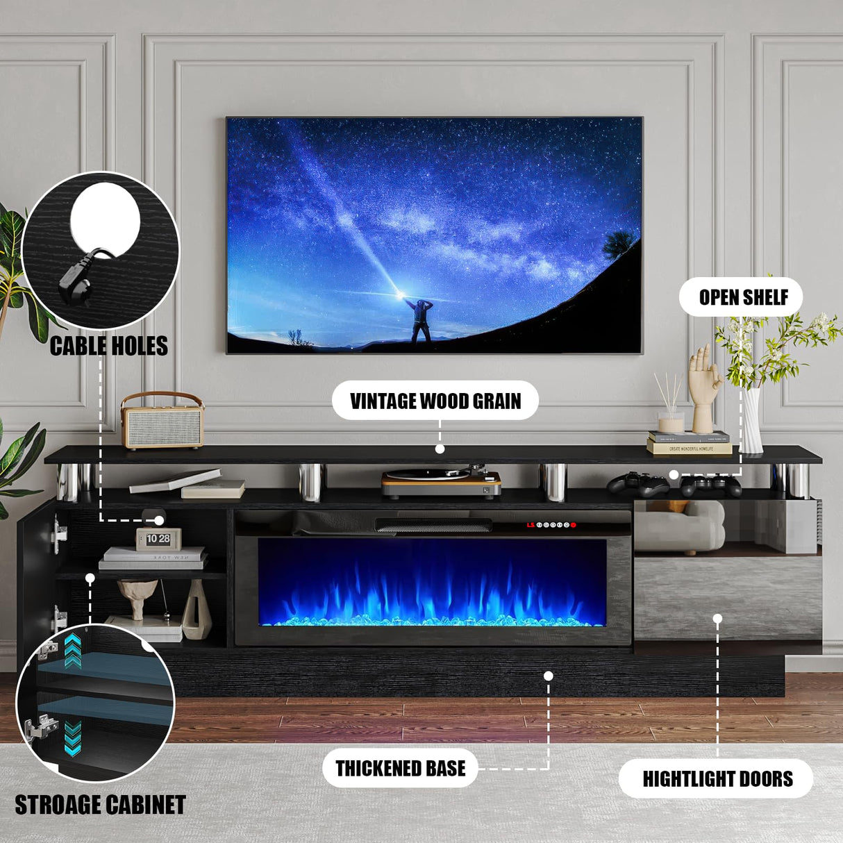 PRETZI 70" Modern Fireplace TV Stand with 36" Electric Fireplace for TVs Up to 80 inch, Luxury LED Light Entertainment Center with High Gloss Cabinet, TV Consoles for Living Room, Black PRETZI