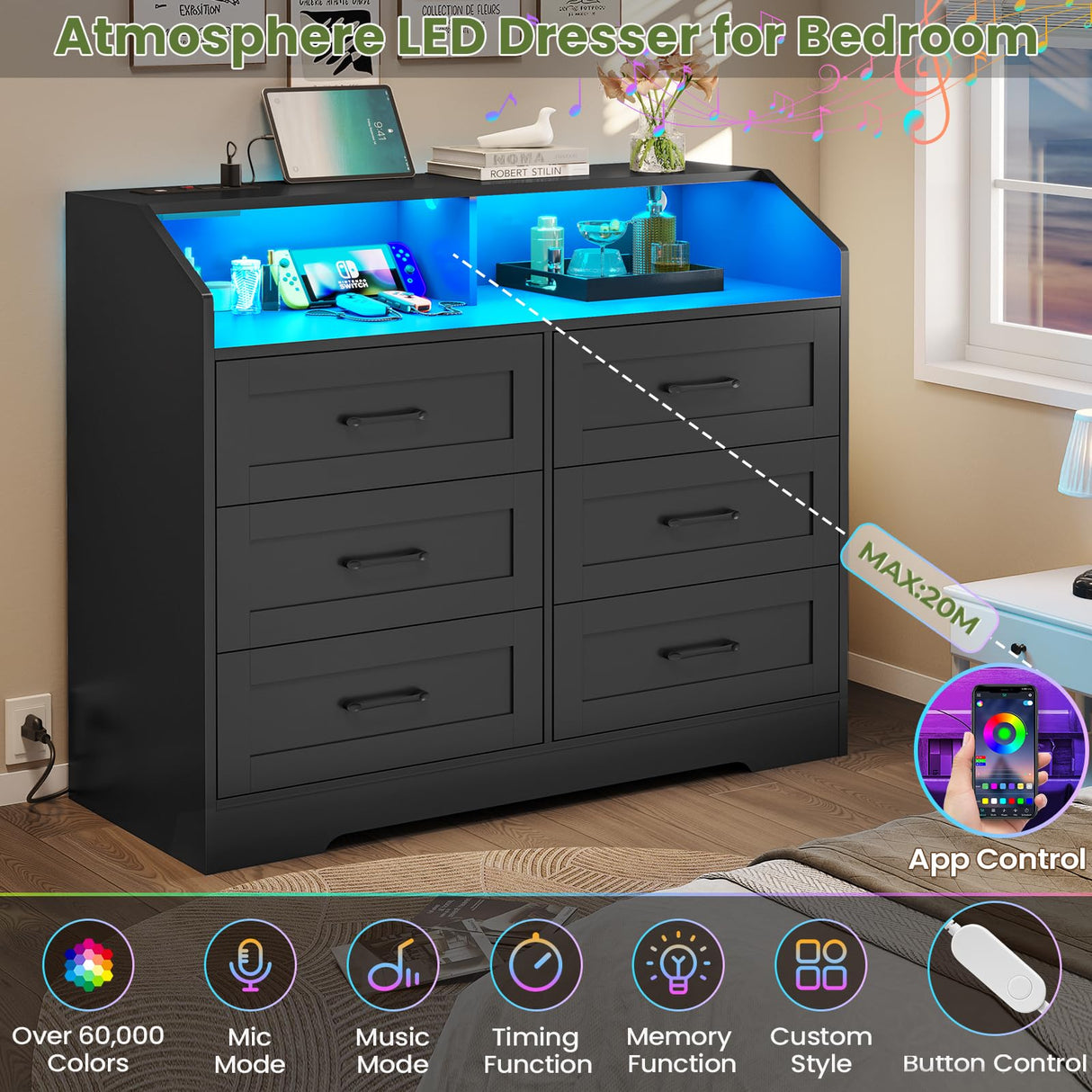 Hasuit Black Dresser for Bedroom with LED Lights and Charging Station, Modern Wood 6 Drawers Storage Tower Clothes Organizer, Large Capacity Chest of Drawers Storage Cabinet for Bedroom, Living Room Hasuit