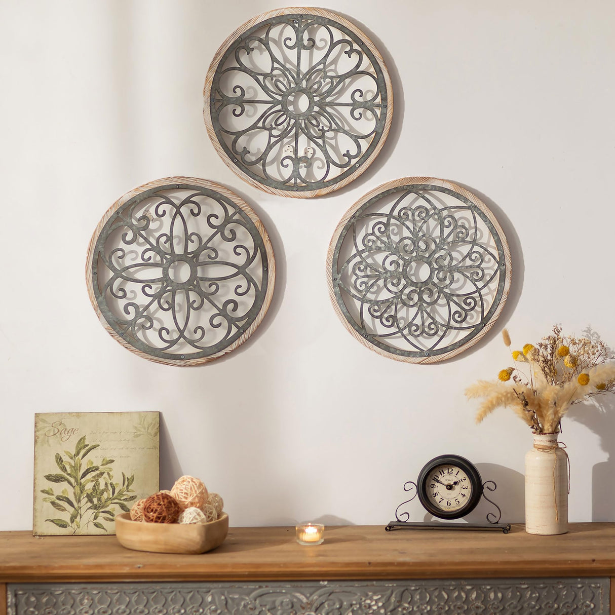 Walasis Wall Decor Rustic Farmhouse Wood - Distressed Metal Wall Art for Living Room 11.8in Flower Boho Wall Decorations Outdoor Medallion Hanging Decor for Bedroom Office Bathroom Kitchen Walasis