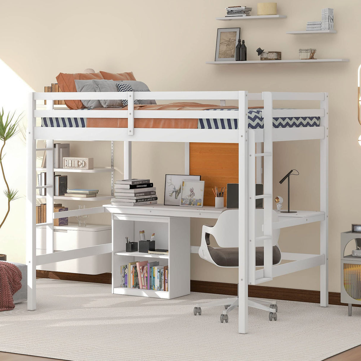 Merax Full Size Wooden Loft Bed with Desk, Storage Cabinet, Writing Board & Dual Ladders - Space-Saving Design for Teens and Adults Merax