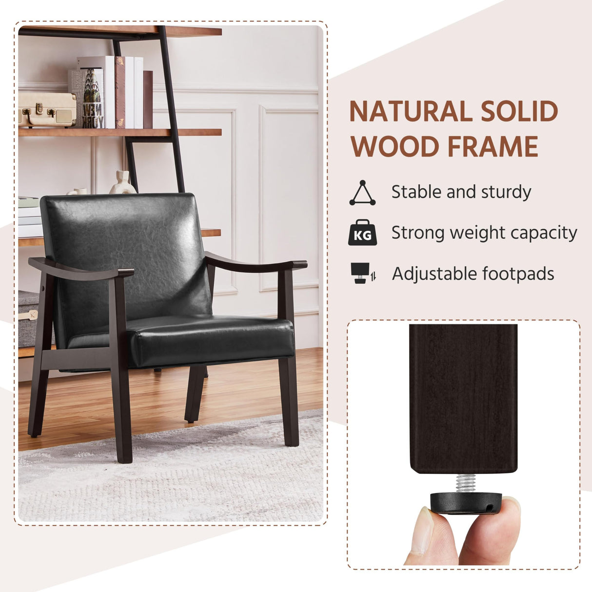 Yaheetech PU Leather Accent Chair, Mid-Century Modern Armchair with Solid Wood Legs, Reading Leisure Chair with High Back for Living Room Bedroom Waiting Room, Black Yaheetech