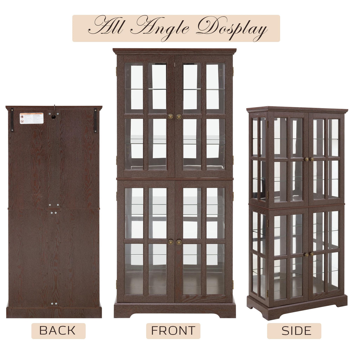 CKEASEAN Glass Display Cabinet, 69" H Curio Cabinet with Adjustable Shelves and 4 Glass Doors, Light Bulb Included, Elegant Antique Showcase, Rack for Living Room/Home Office (Dark Cherry) CKEASEAN