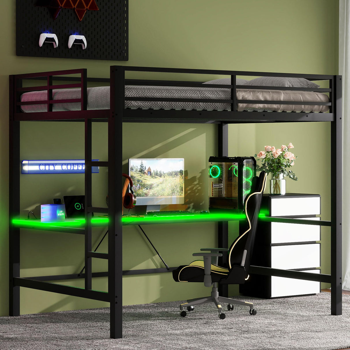 SOFTSEA Full Gaming Loft Bed with Desk & LED Lights, Heavy-Duty Metal Loft Bed with USB Charging Stations, Full Size Gaming Bed with Guardrails for Adults Kids Teens, Easy Assembly, Black SOFTSEA