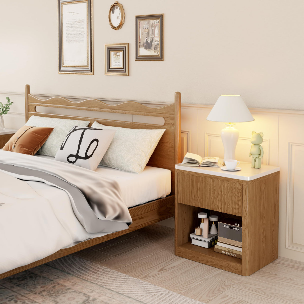 Yusong Night Stand, Wood Fluted Nightstand, 22" Large Bedside Table End Table with Faux Marble Top, Modern Night Stands with Drawer Storage for Bedroom Living Room, Natural Oak (1) Yusong