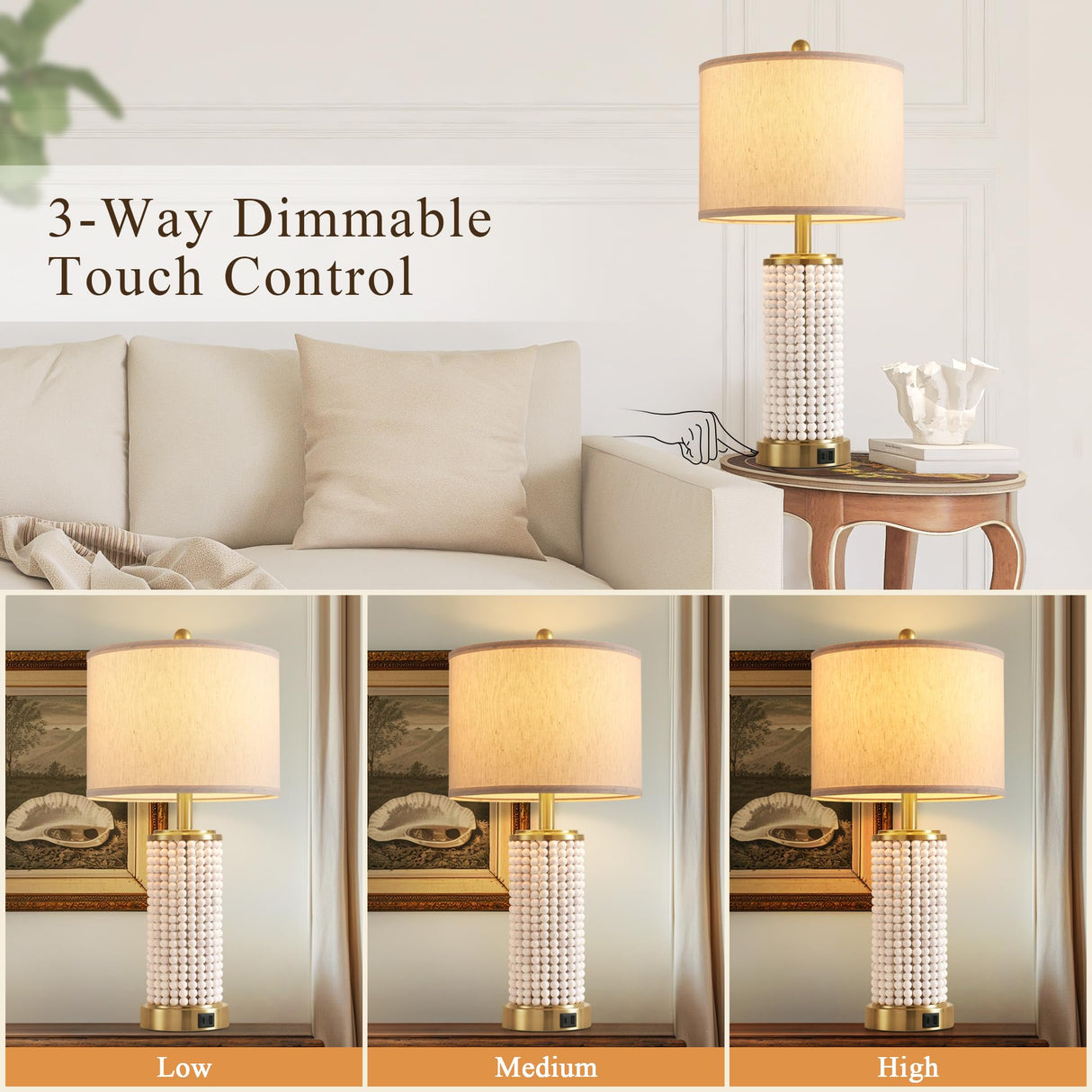 Reaketon 24.5" Farmhouse Table Lamp 3-Way Dimmable Touch Control Table Lamp Set of 2 with for Bedroom Wood Beaded Table Lamp for Living Room Rustic Nightstand Bedside Lamps(2 Bulbs Included) Reaketon